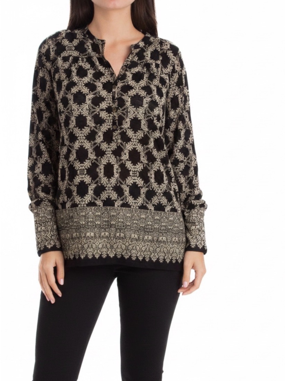 Lucky Brand boho Black and Cream Patterned Long-Sleeve Women's Top XS